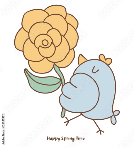 Happy spring time, Spring bird holding flower, cheerful and , celebrating nature beauty