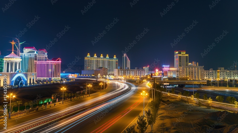 Obraz premium Vibrant night highway with light trails stretching towards the illuminated city skyline. The mesmerizing view of a busy thoroughfare at night, where the streaks of light from vehicles create a beautif
