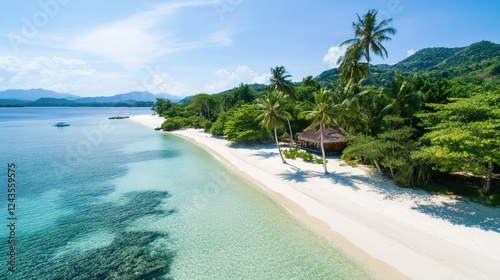 Serene Tropical Beach with Crystal Clear Water and Lush Greenery
