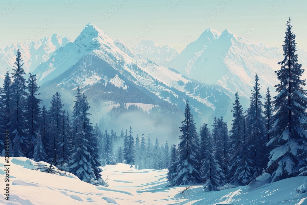 illustration winter landscape with fir trees and mountains in a snowy forest. illustration winter landscape with fir trees and mountains in a snowy forest.