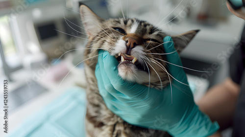 A veterinarian examines the teeth of an adult domestic cat at a veterinary clinic.