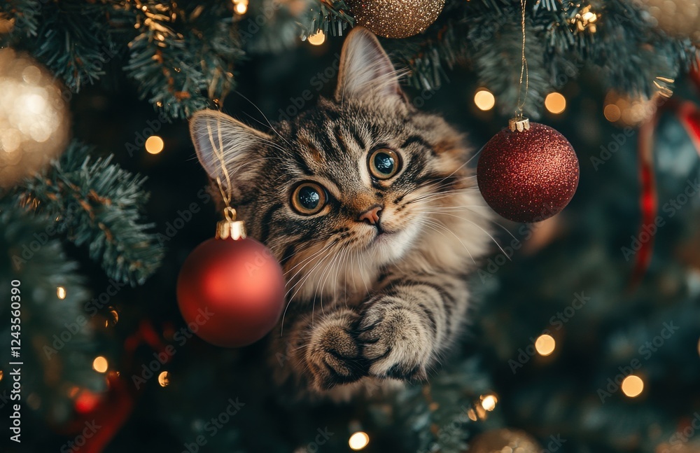 Obraz premium Playful tabby cat nestled among Christmas tree branches, surrounded by colorful ornaments and sparkling lights, capturing holiday spirit and joy