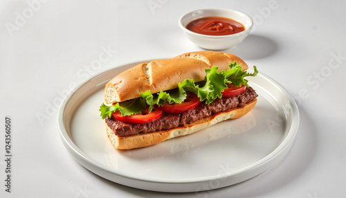 A classic Portuguese bifana sandwich with marinated pork, fresh lettuce, and sliced tomato in a crusty roll. photo