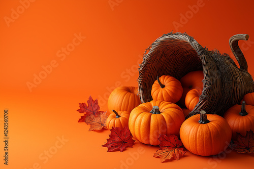Many Pumpkins And Gourds On A Table, Featuring A Pumpkin Farm Background, Glowing Jack-O-Lanterns, And Cornucopia Decorations. Generative Ai photo