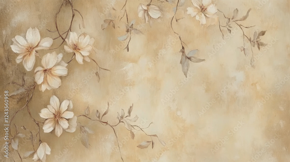 An elegant floral wallpaper background, soft and dreamy color palette with warm neutrals, vintage botanical aesthetics