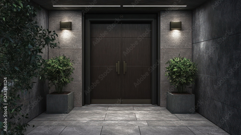 Obraz premium Modern double door entrance at night with plants.