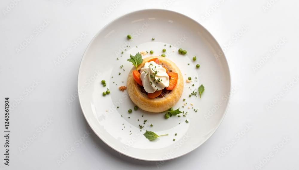 A single vol-au-vent delicately placed on a white plate, garnished with finely chopped herbs for a minimalist presentation. A single vol-au-vent delicately placed on a white plate, garnished with finely chopped herbs for a minimalist presentation.
