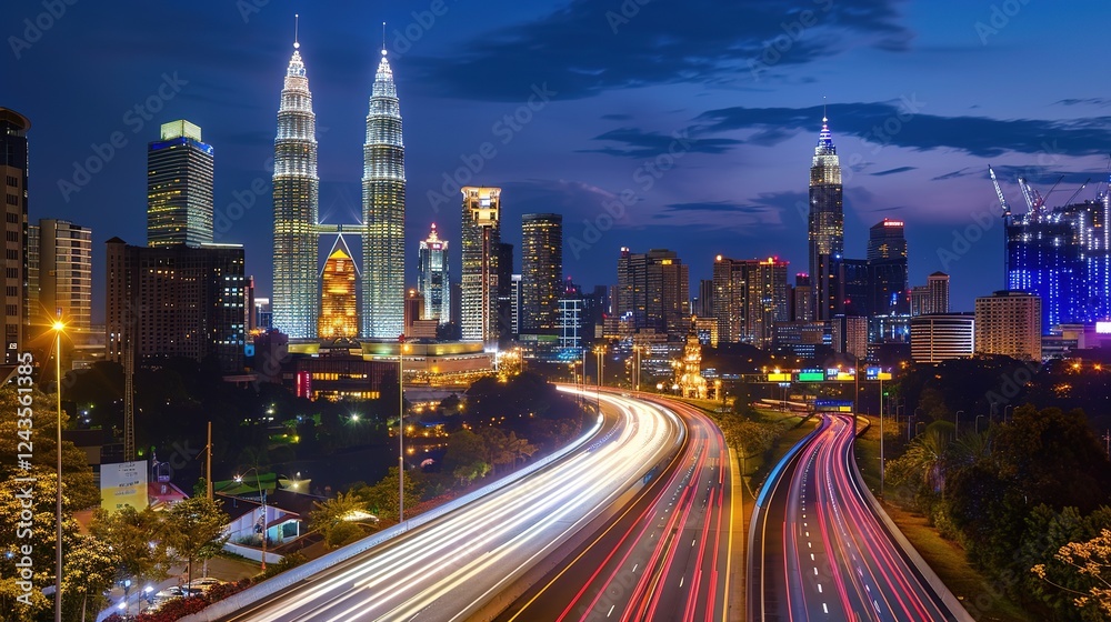 Fototapeta premium Vibrant night highway with light trails stretching towards the illuminated city skyline. The mesmerizing view of a busy thoroughfare at night, where the streaks of light from vehicles create a beautif