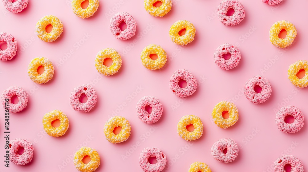 Fototapeta premium Colorful Candy Rings on Pink Tabletop with Bright Background