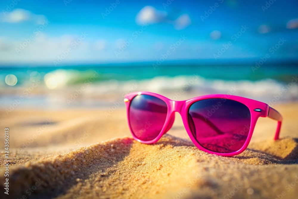 Miniature Pink Plastic Sunglasses on Beach Sand, Tilt-Shift Photography Miniature Pink Plastic Sunglasses on Beach Sand, Tilt-Shift Photography