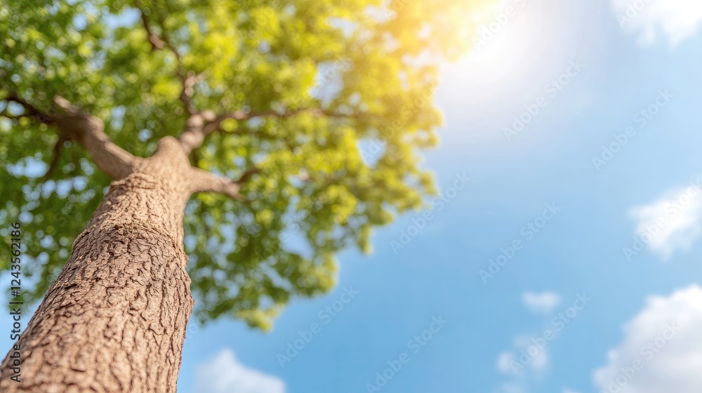 Obraz premium Tall tree reaching towards a bright sky, showcasing vibrant leaves and sunlight filtering through