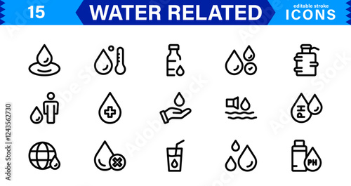 Aqua and Water Icon Pack. Clean and Professional Icons for Web, Apps, Sustainability, Marine Life, Weather, and Eco-Friendly Graphic Projects