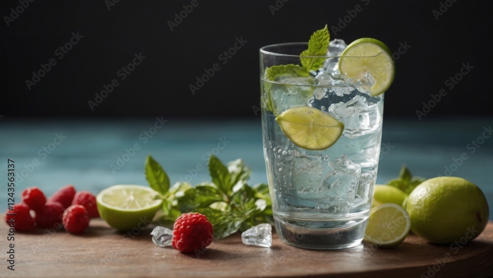 Fototapeta premium glass of crystal clear water healthy eating lemon mint fresh drink