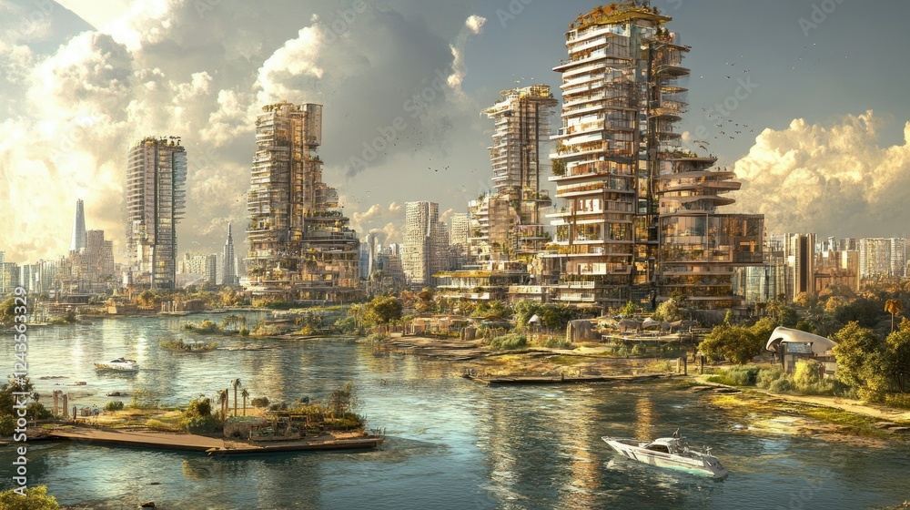 Obraz premium Futuristic Urban Landscape with Green Architecture and Waterways