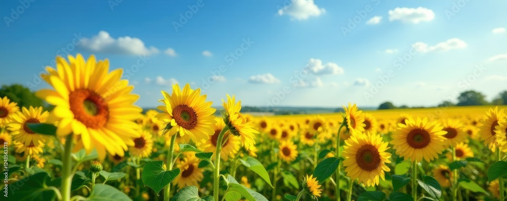 Fototapeta premium Yellow sunflower fields in a serene blue landscape, flowers, serene, sunny