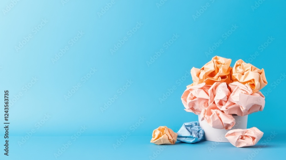 Fototapeta premium Colorful Crumpled Paper Balls in White Container on Blue Background Concept of Creativity and Inspiration