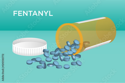 Vector fentanyl pill bottle illustration with blue pills pouring out of open orange prescription bottle 