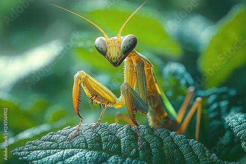 A Golden Praying Mantis Perched on a Leaf photo