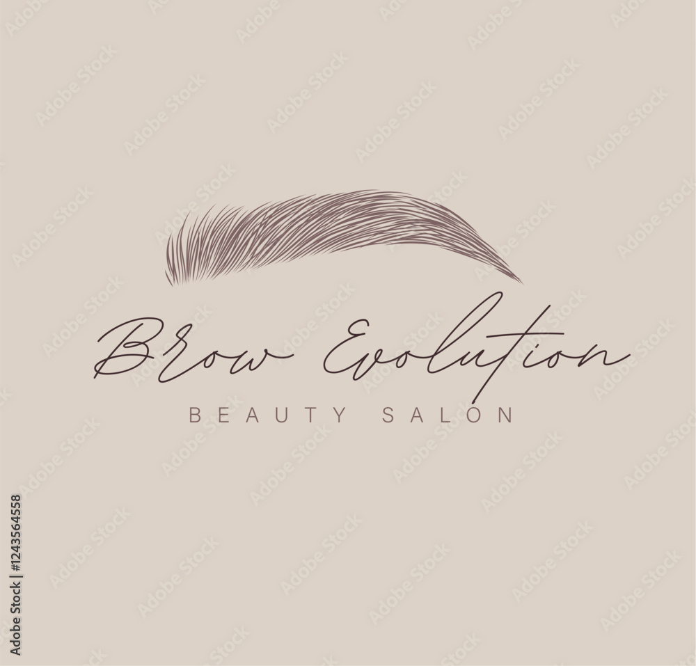 Eyebrow label design with lettering beauty salon drawing in art line style on beige background