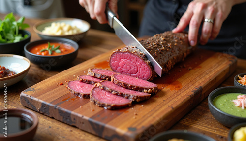 A chef slicing juicy matambre on a wooden board, showing the layers of meat, vegetables, and spices inside. photo