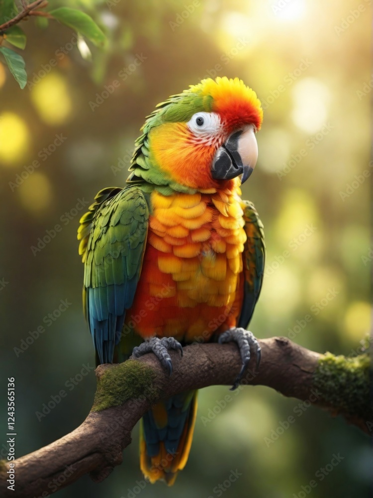 Obraz premium bright beautiful parrot in a magical forest close-up