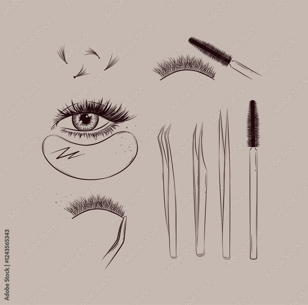 Lashes treatment studio tools collection drawing with black on beige background