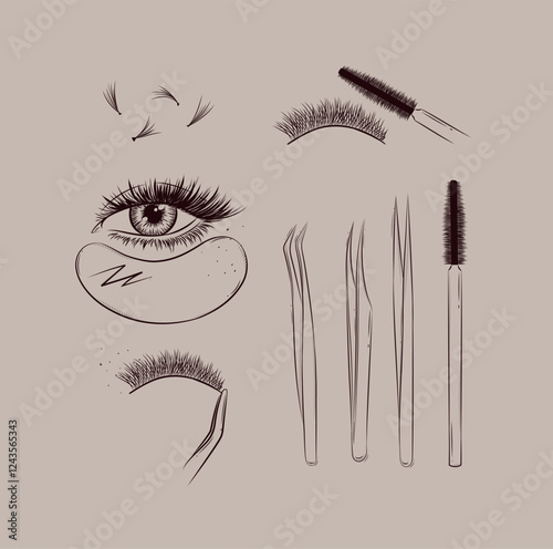 Obraz na płótnie Lashes treatment studio tools collection drawing with black on beige background w salonie