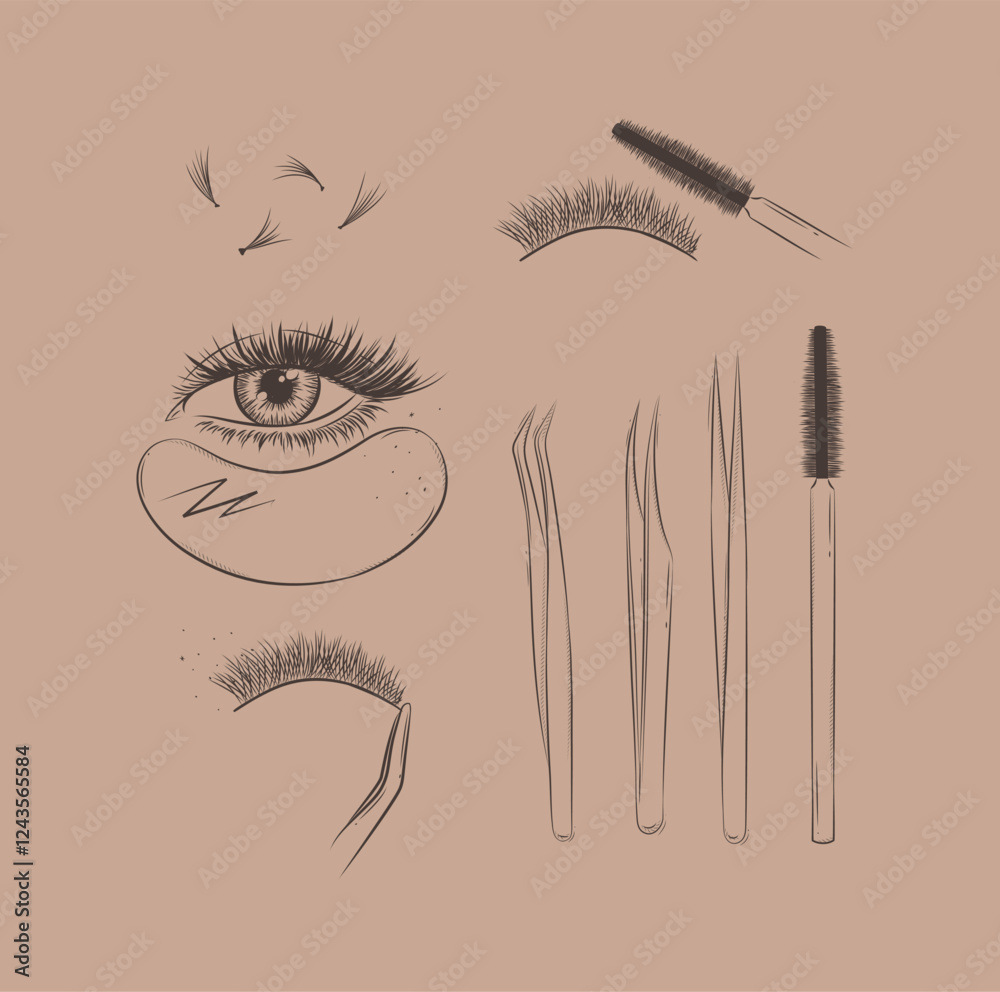 Lashes treatment studio tools collection drawing with black on brown background
