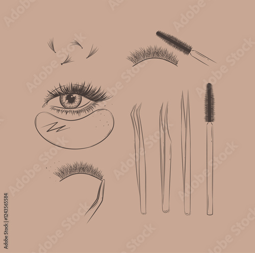 Obraz na płótnie Lashes treatment studio tools collection drawing with black on brown background w salonie