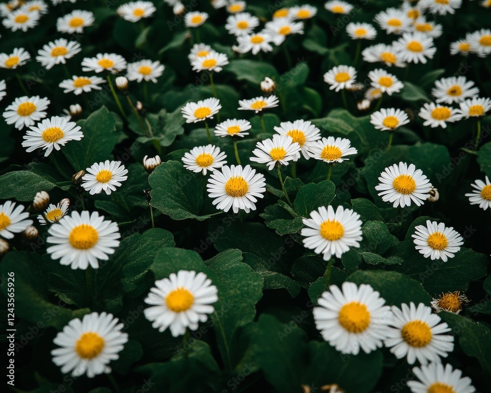 Field of White Daisies in Bloom, Spring Floral Background, Bright Daylight, Vivid Natural Colors Field of White Daisies in Bloom, Spring Floral Background, Bright Daylight, Vivid Natural Colors