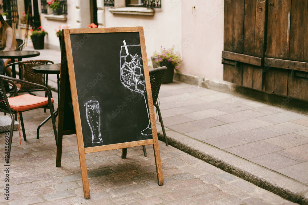 Restaurant sidewalk chalkboard sign board. Old Signboard with pots on the street. Cafe signage sign isolated outdoors. Blackboard advertising. Urban lifestyle concept.