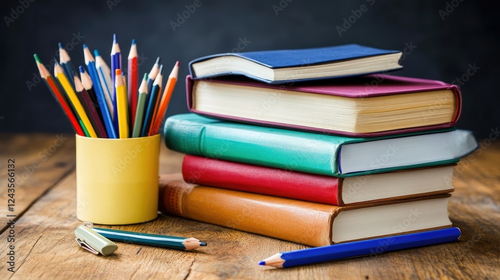 stack of books and pencil set, on wooden table stack of books and pencil set, on wooden table