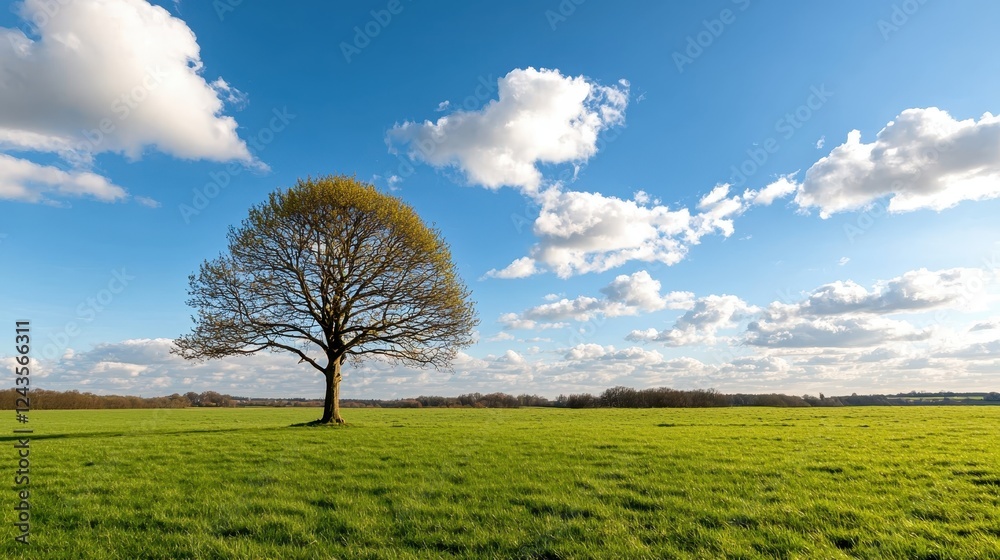 A solitary tree stands in a vibrant green field under a bright blue sky with fluffy white clouds, embodying tranquility and natural beauty. A solitary tree stands in a vibrant green field under a bright blue sky with fluffy white clouds, embodying tranquility and natural beauty.