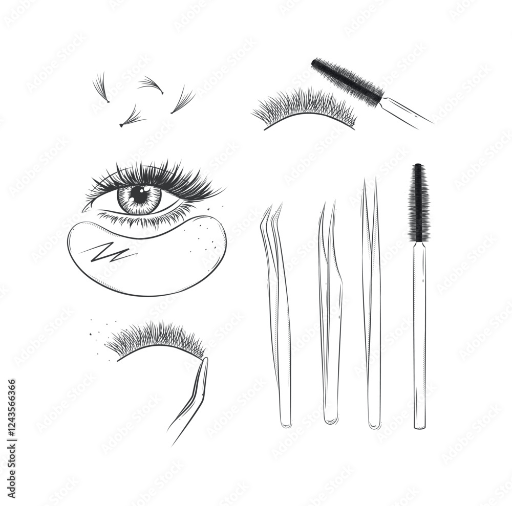 Lashes treatment studio tools collection drawing with black on white background