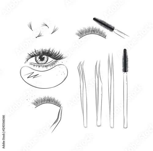 Obraz na płótnie Lashes treatment studio tools collection drawing with black on white background w salonie