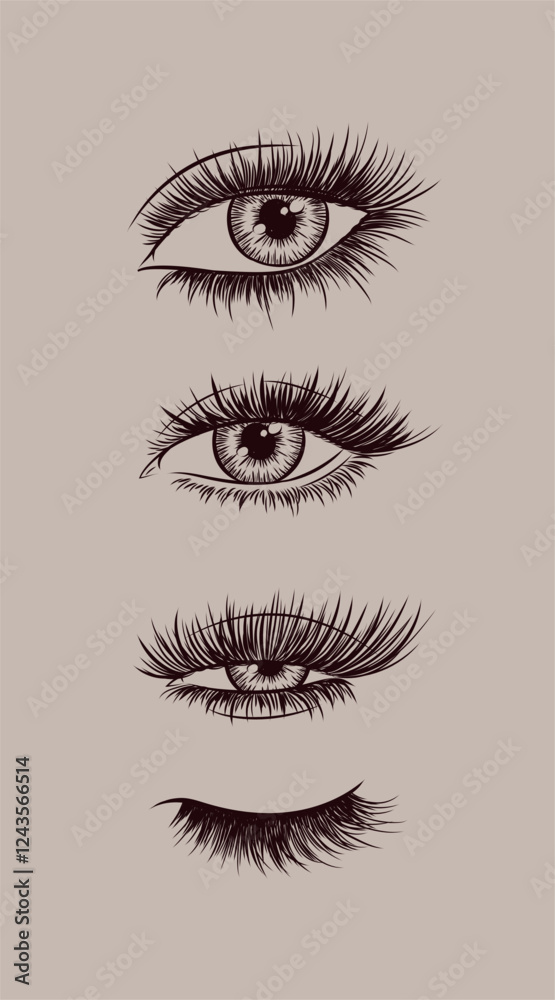 Eyes and eyelash collection drawing in graphic art style on beige background