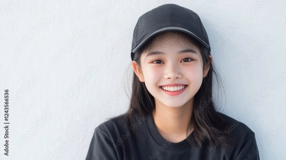 Smiling pretty gen z Asian teen girl candid posing at white color wall. Portrait of happy stylish cool Korean female with smile wearing cap. Smiling pretty gen z Asian teen girl candid posing at white color wall. Portrait of happy stylish cool Korean female with smile wearing cap.