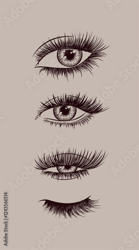 Obraz na płótnie Eyes and eyelash collection drawing in graphic art style on beige background w salonie