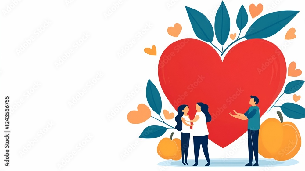 Health info tips concept. A vibrant illustration of three people interacting with a large heart and decorative elements. Health info tips concept. A vibrant illustration of three people interacting with a large heart and decorative elements.