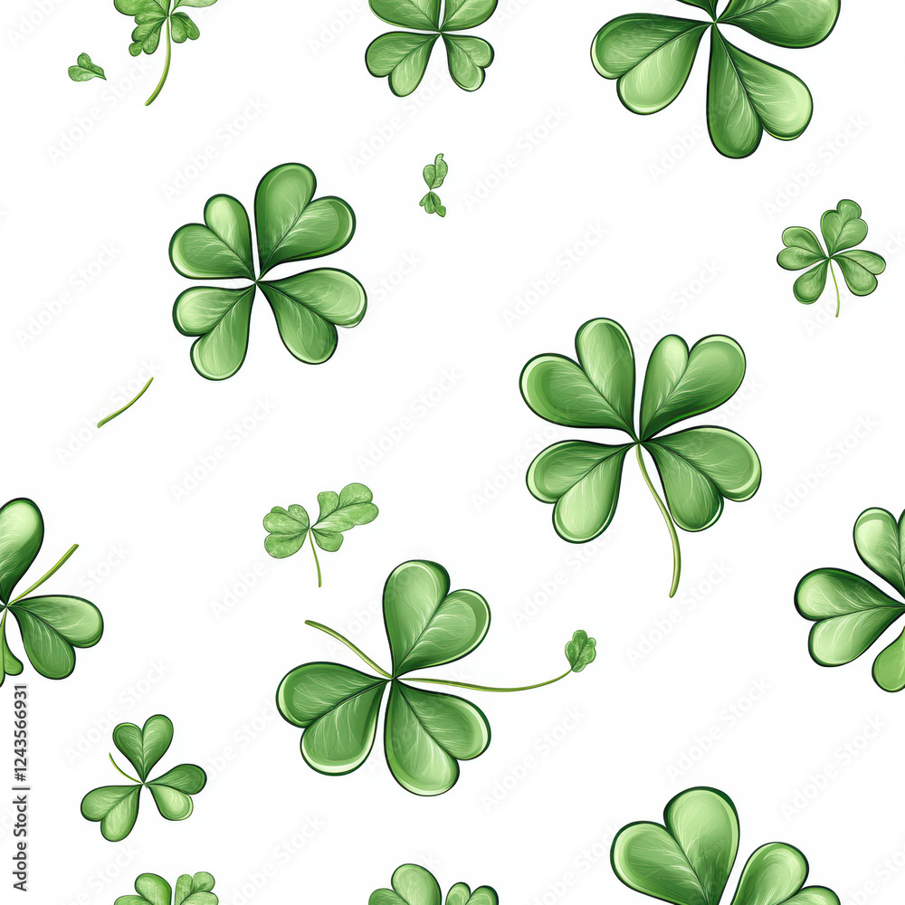 Seamless pattern of green shamrocks on white background, perfect for festive designs Seamless pattern of green shamrocks on white background, perfect for festive designs