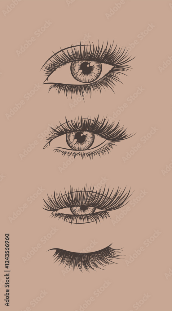 Eyes and eyelash collection drawing in graphic art style on brown background
