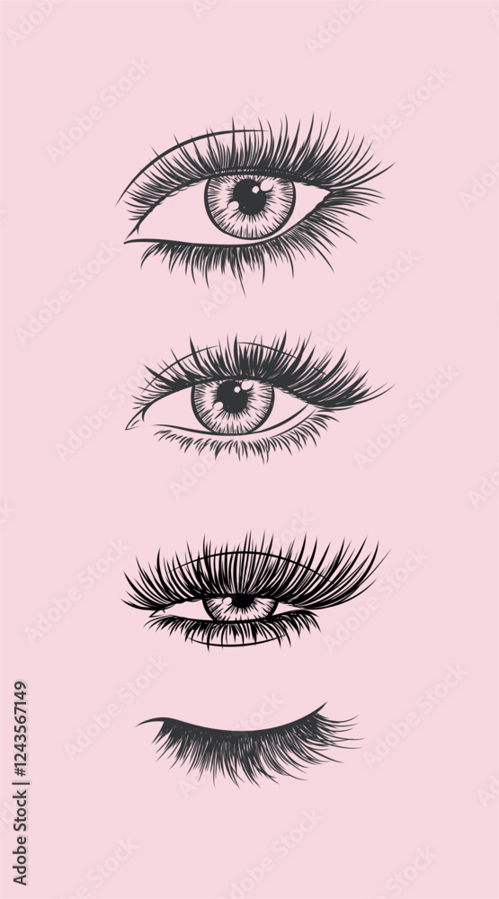 Eyes and eyelash collection drawing in graphic art style on pink background