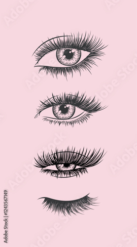 Obraz na płótnie Eyes and eyelash collection drawing in graphic art style on pink background w salonie