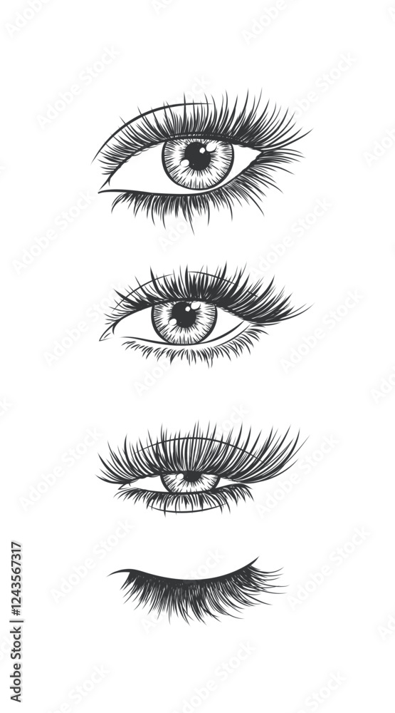 Eyes and eyelash collection drawing in graphic art style on white background