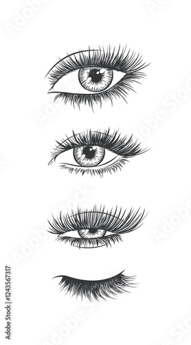 Obraz na płótnie Eyes and eyelash collection drawing in graphic art style on white background w salonie