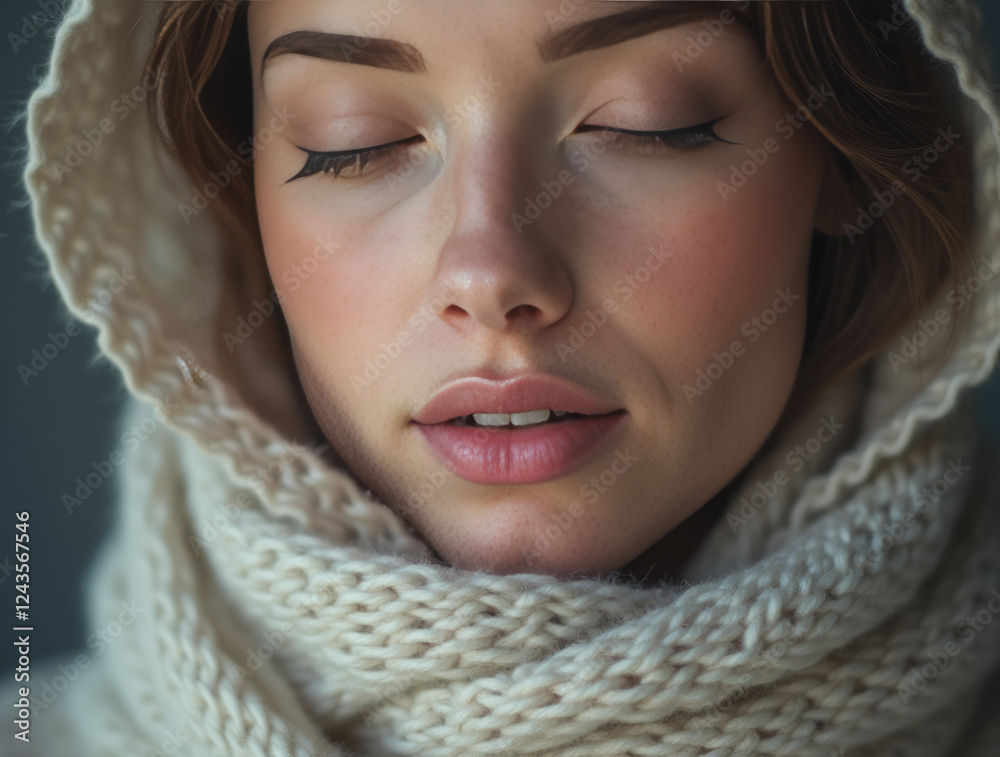 Close-Up Portrait of a Woman Wearing a Scarf with Her Eyes Closed in a Calm, Serene Expression Close-Up Portrait of a Woman Wearing a Scarf with Her Eyes Closed in a Calm, Serene Expression