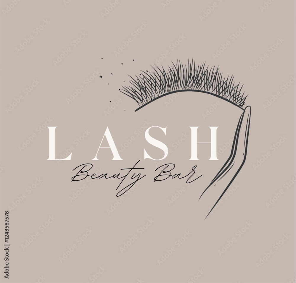 Eyelash studio label design with lettering beauty bar drawing in art line style on beige background