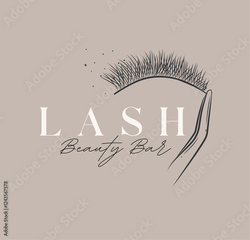 Eyelash studio label design with lettering beauty bar drawing in art line style on beige background