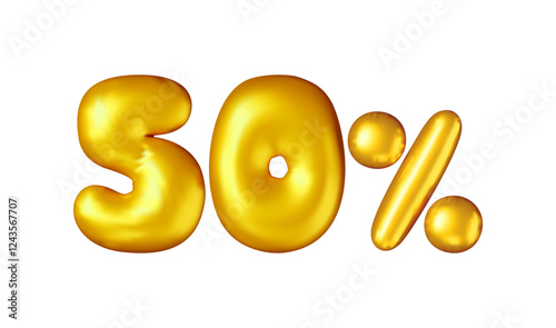 3d sale 50 off discount percent symbol in gold helium balloons. Render money finance or business. Percentage, sale, discount, promotion shopping. Offer, price tag, coupon, bonus. Vector illustration