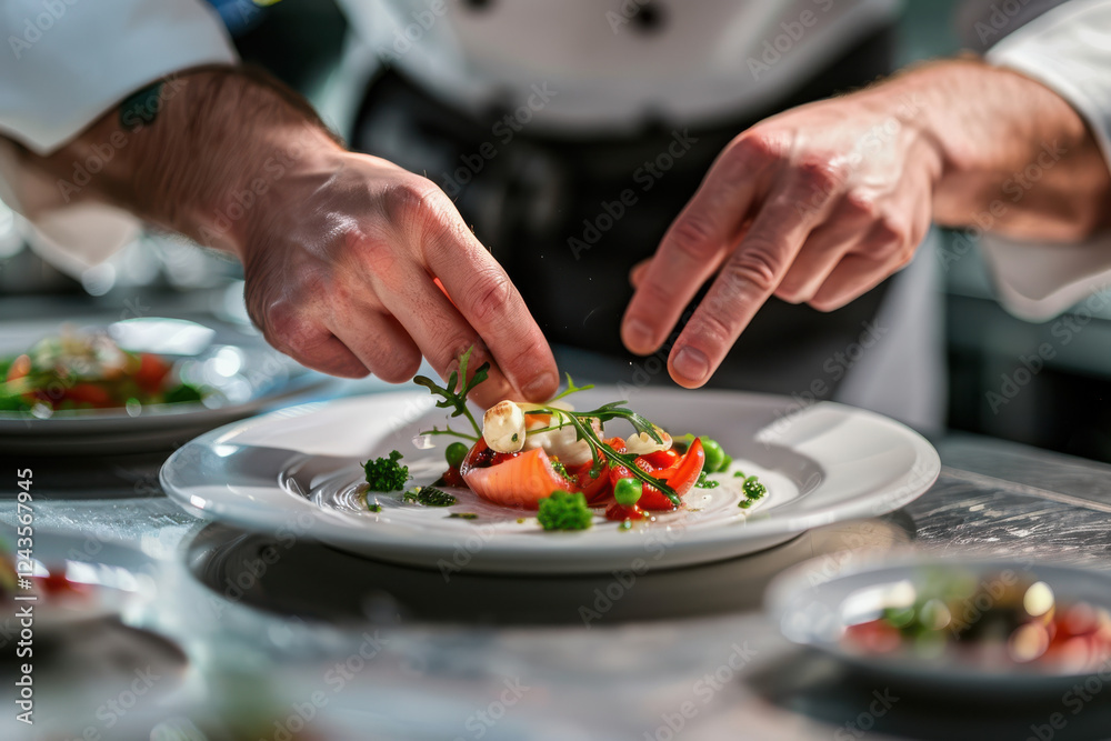 close up horizontal image of a fine dining chef hands finishing to plate a fancy dish close up horizontal image of a fine dining chef hands finishing to plate a fancy dish